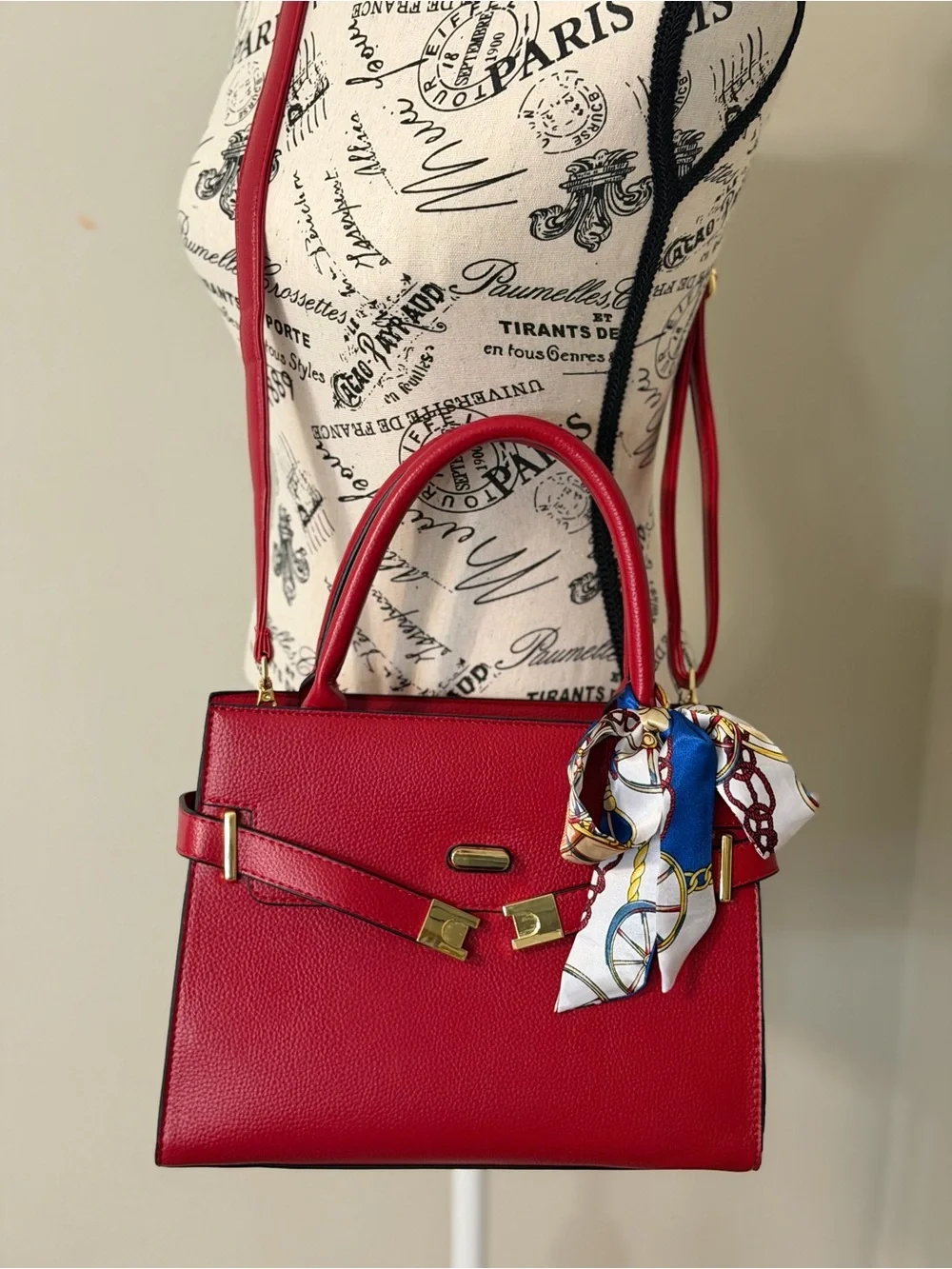 Red Structured Top-Handle Tote with Scarf Accent & Crossbody Strap